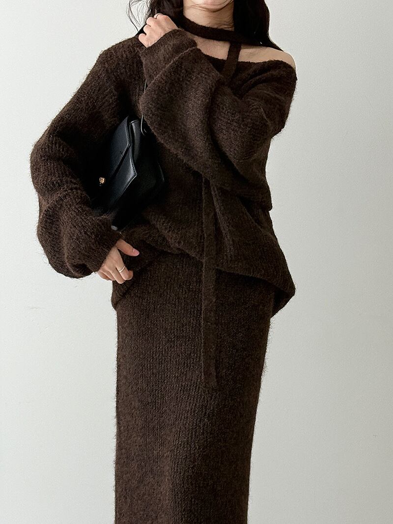 【set】スカーフ付きニットトップス×ロングスカートセット Q7185