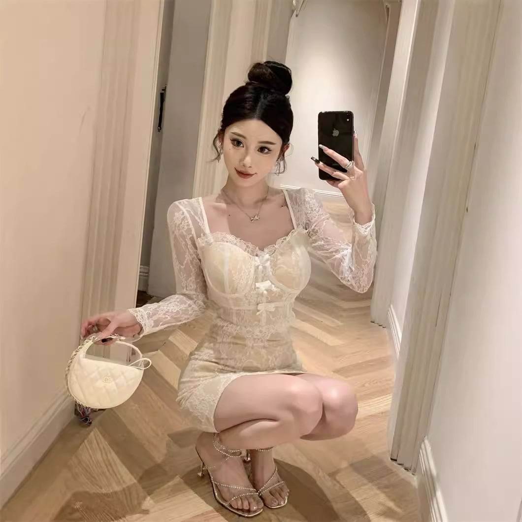 【dress】リボン付きレース切り替えワンピース　M26395