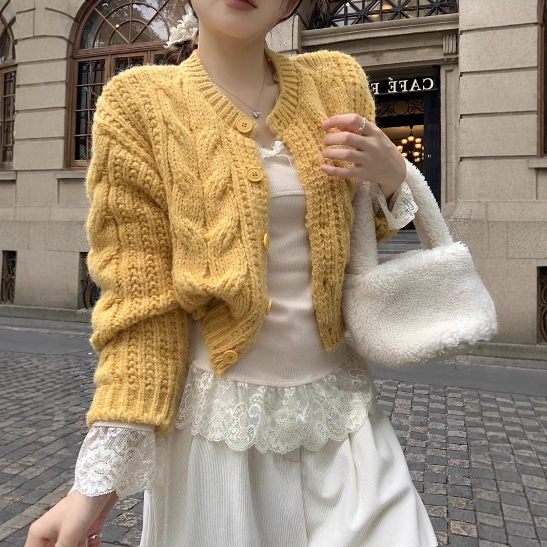 【set】ニットカーデ×レース切り替えトップスセット　M27663