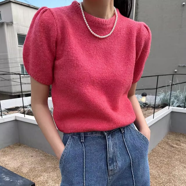 【tops】半袖パフ袖ニットＴシャツF7427