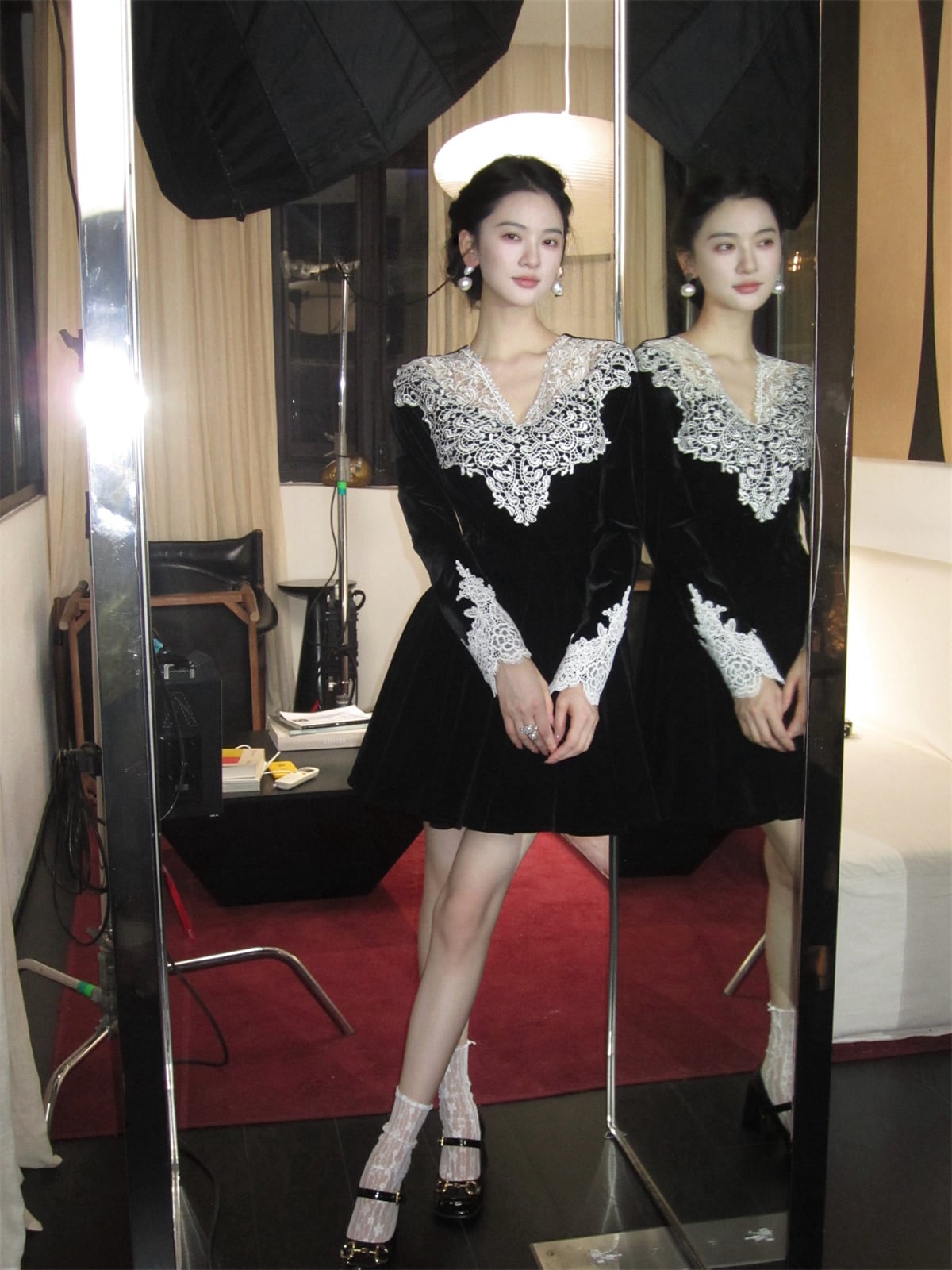 【dress】レーストリミングベロアワンピース　N3476