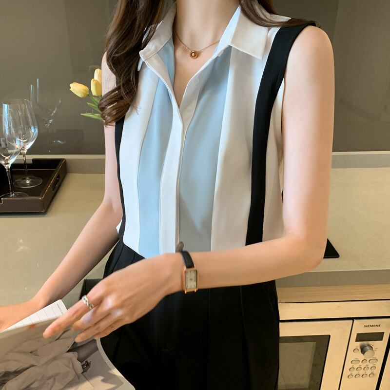 【tops】女性力を高める〜ラペルノースリーブ配色ファッションゆったり着回しタンクトップF0555