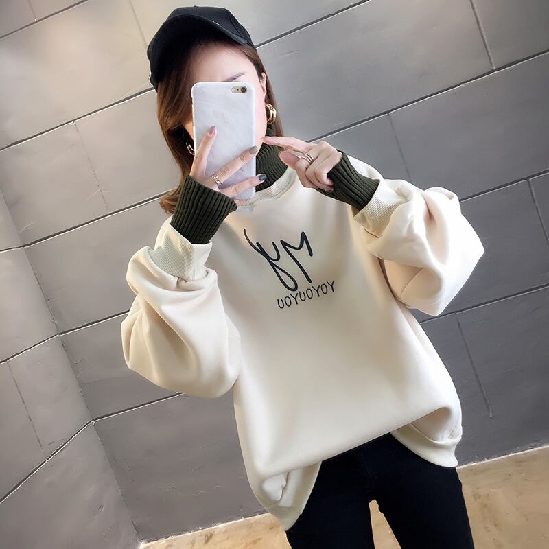 【tops】店長推薦秋冬新作2色ハイネック長袖英字柄配色ゆったり切り替え着回しパーカーF0904