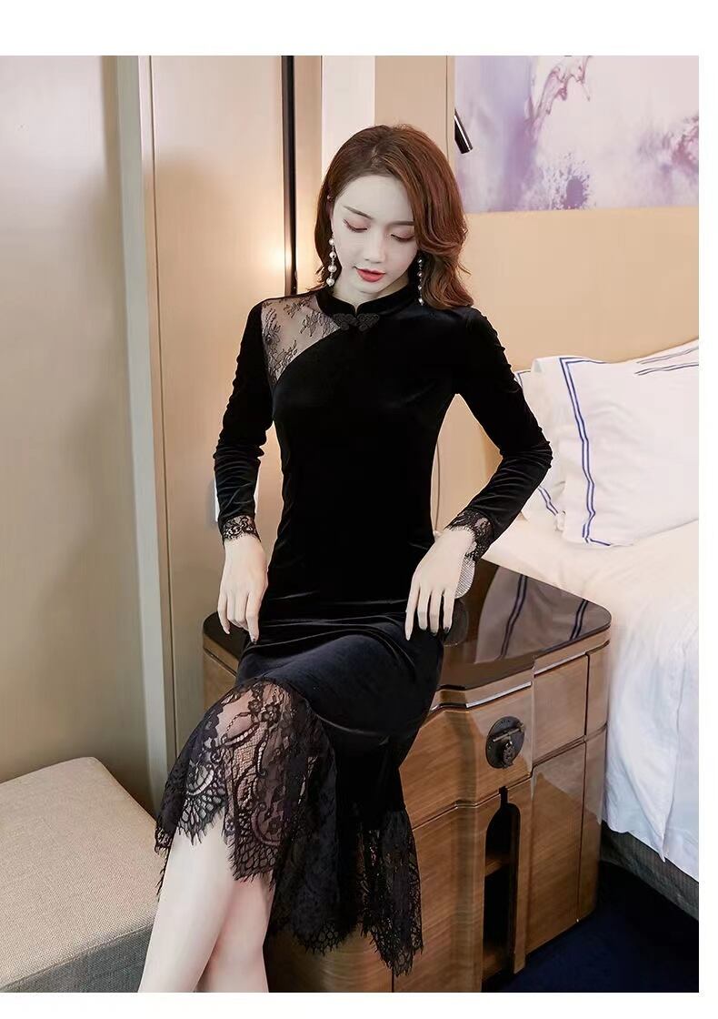 【dress】一目惚れ！長袖レース切り替え韓国ファッションOL通勤マーメイド無地ワンピースF1551