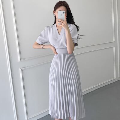 【dress】韓国風気質満点エレガントフェミニンVネックデザインハイウエストワンピースF0039