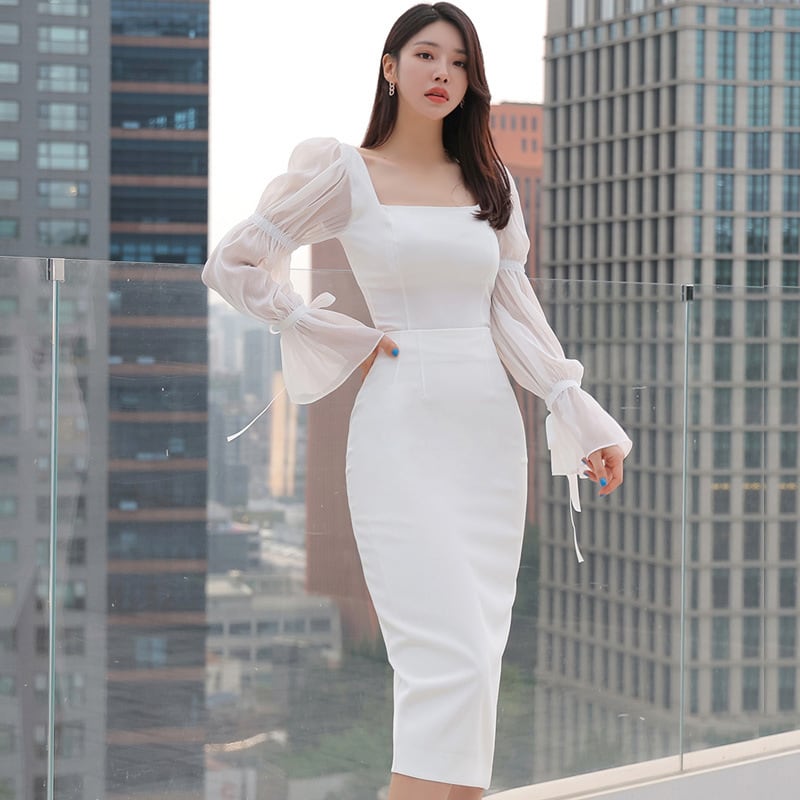 【set】フレアスリーブトップス+タイトスカート２点セットF7088