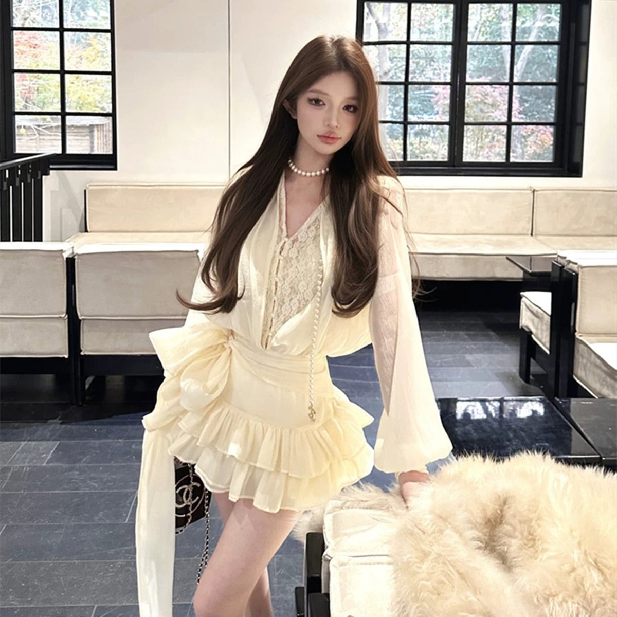 【dress】レースドッキングミニワンピース×ショートパンツセット　N3538