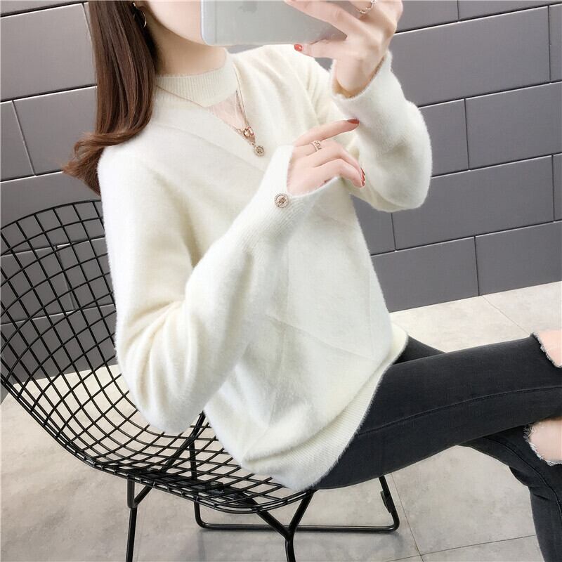 【tops】選べる5色！ハーフネック長袖メッシュ切り替え無地お洒落韓国風ニットセーターF0861