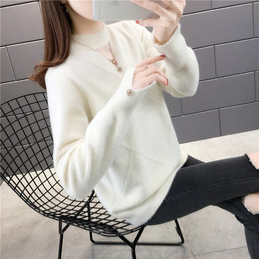 【tops】選べる5色！ハーフネック長袖メッシュ切り替え無地お洒落韓国風ニットセーターF0861