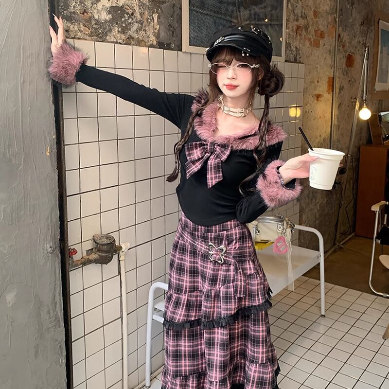【set】リボン付きファードッキングトップス×ロングティアードスカートセット Q7623