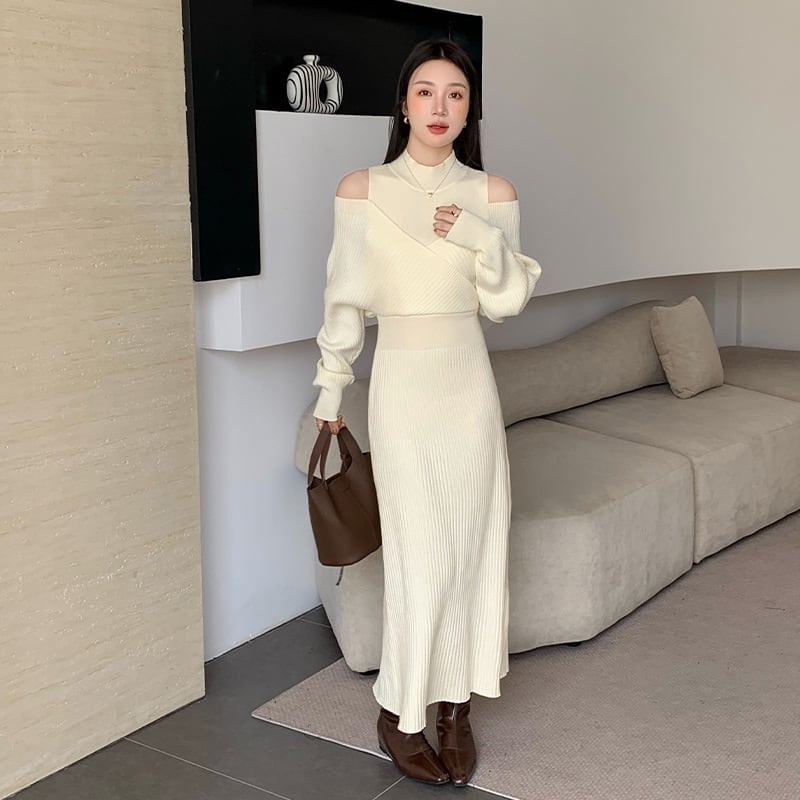 【dress】フェイクレイヤードニットワンピース Q7136