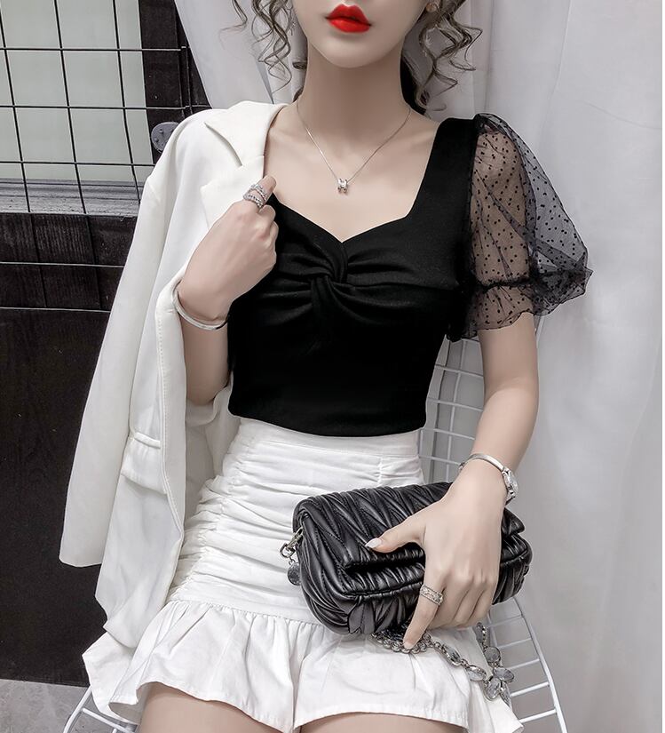 【tops】韓国風INS風スクエアネックメッシュ半袖着やせ無地TシャツF2235