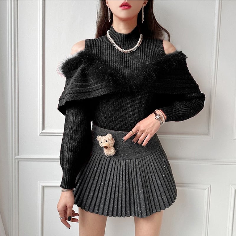 【tops】オフショルダーファーニットトップス　M28998