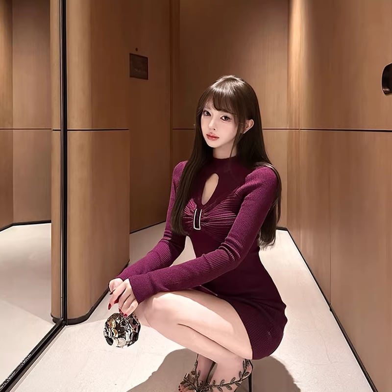 【dress】フロントカットニットワンピース Q7950