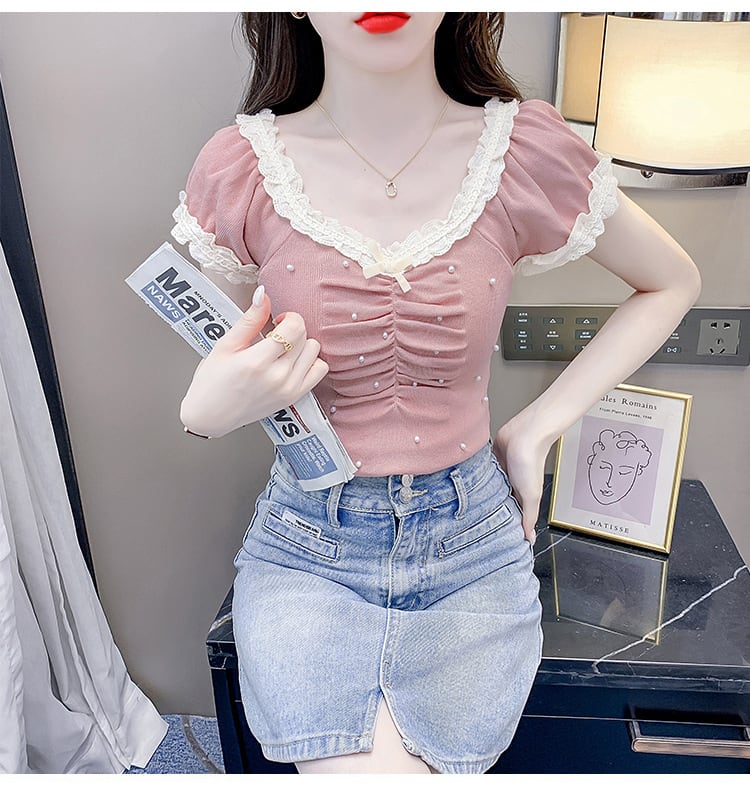 【tops】レース切り替えTシャツ　M24061