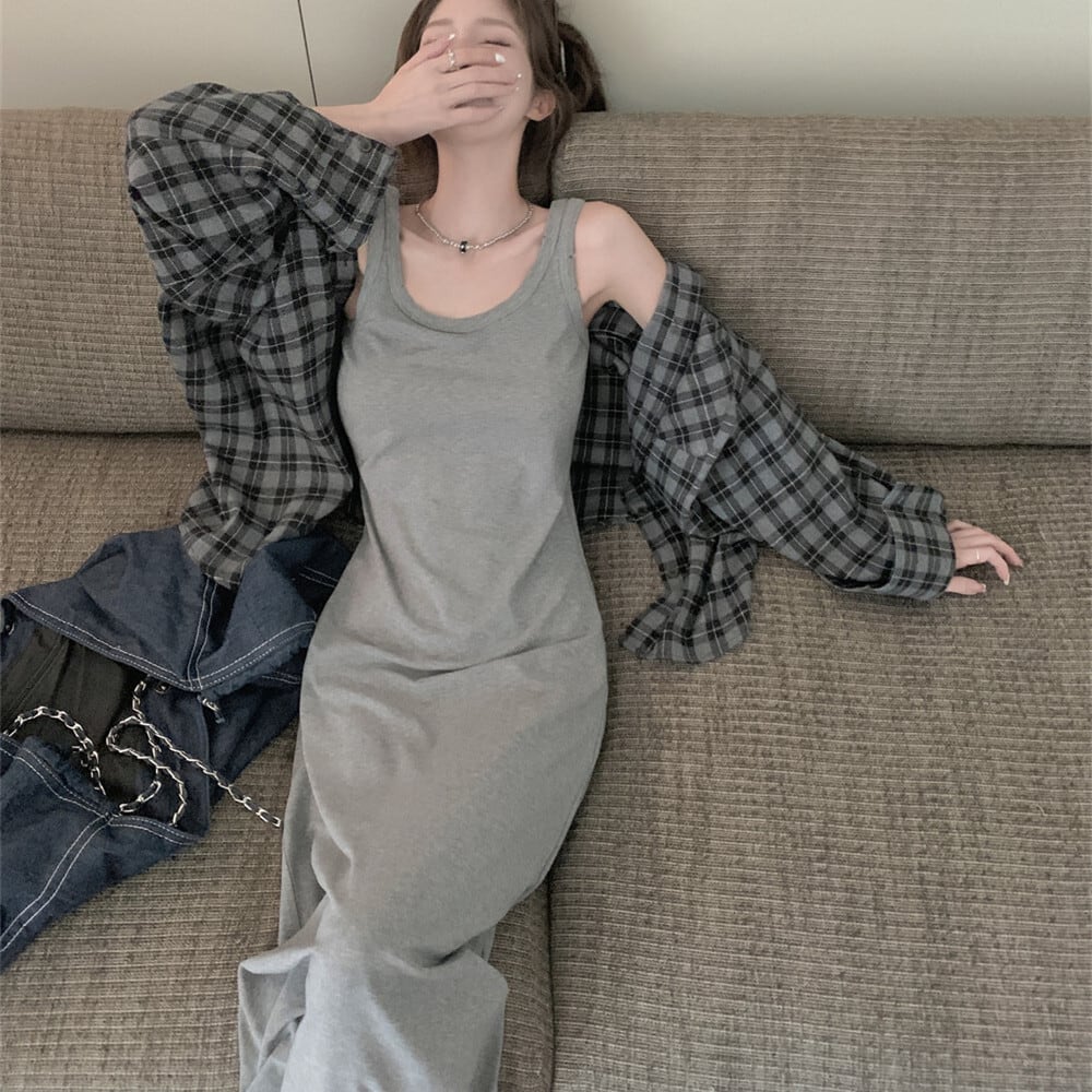 【set】チェック柄シャツ×キャミワンピースセット　M25124