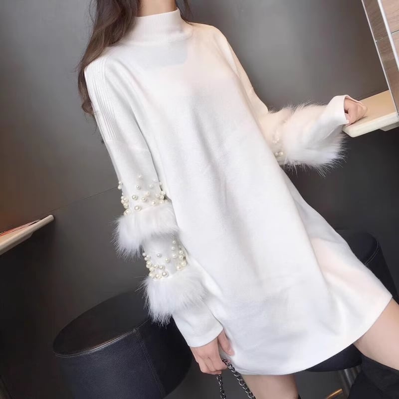 【dress】袖ファーパールニットワンピース　M19363