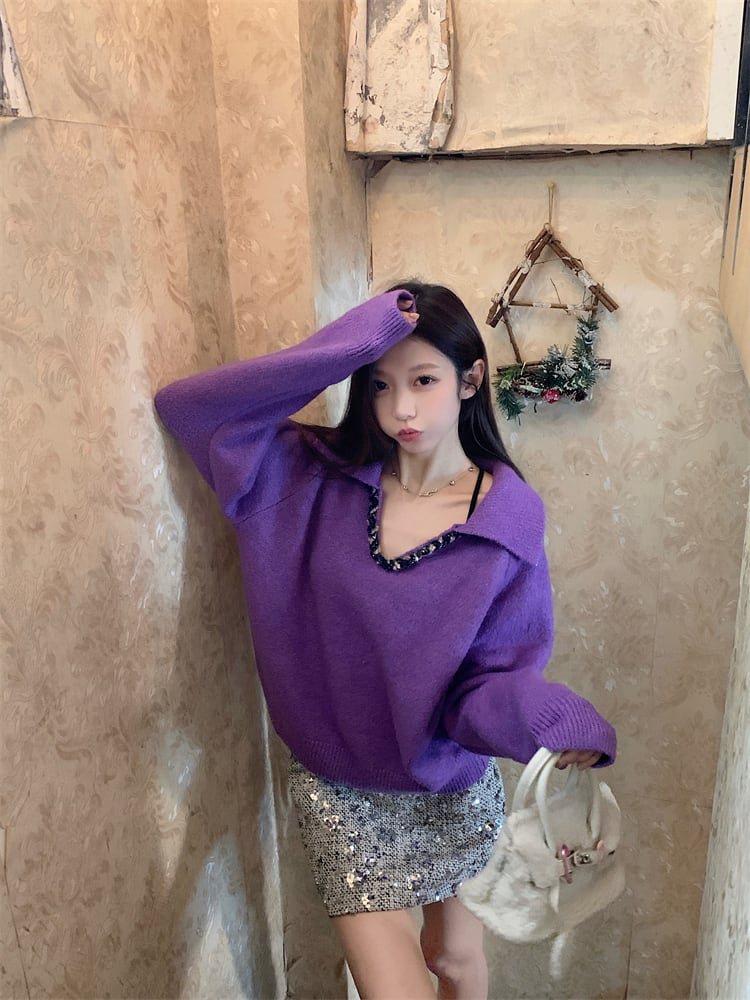【set】Ⅴネックニットトップス×スパンコールスカートセット　M28146