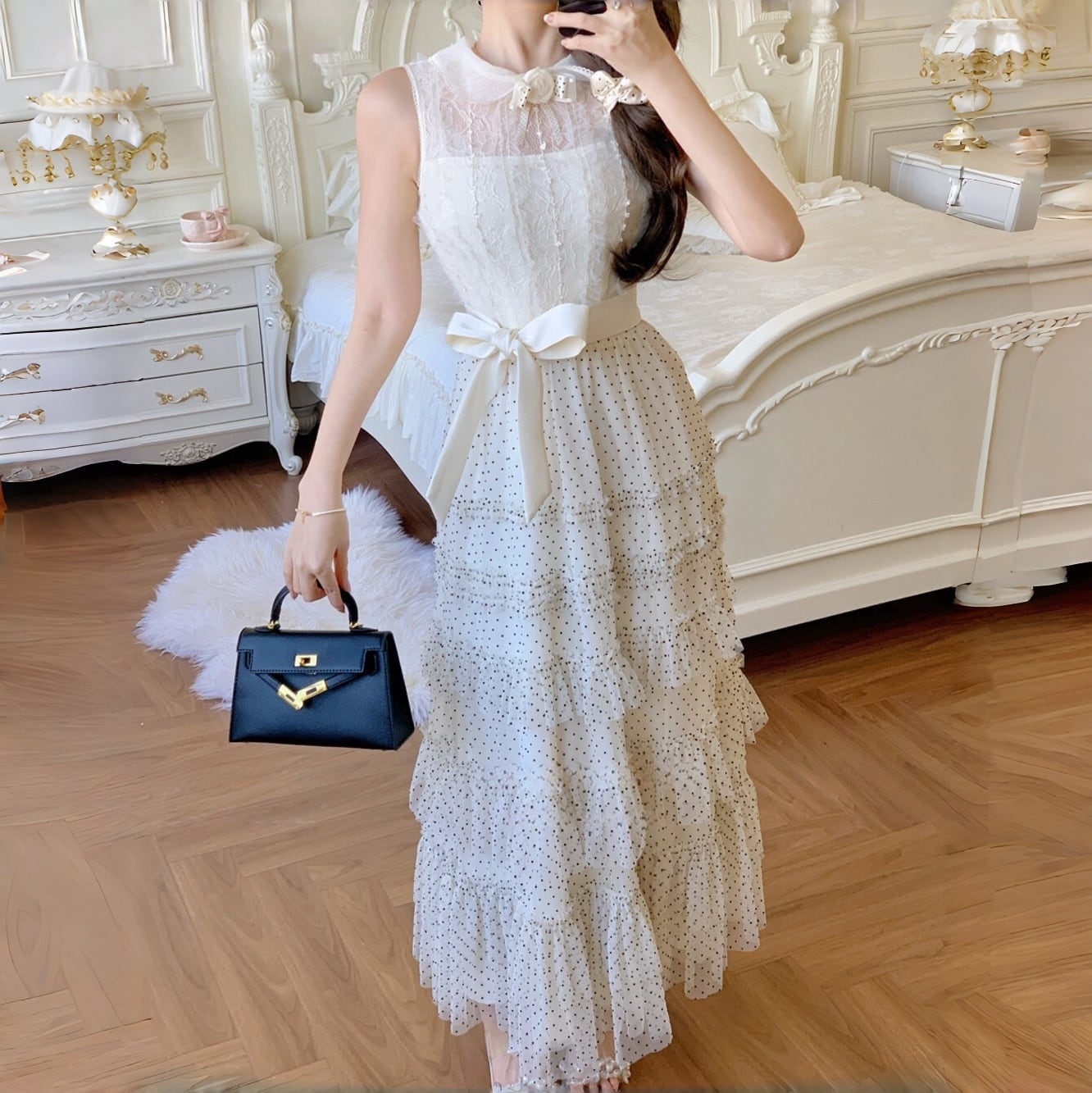 【dress】レースドッキングドットロングワンピース　N3541