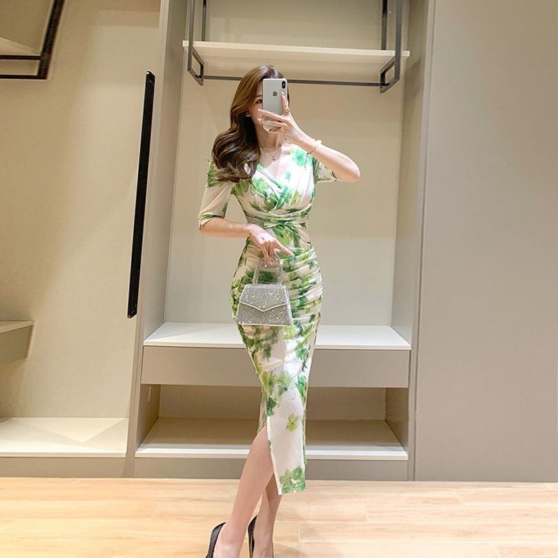 【dress】高級感溢れる夏新作Vネック半袖プリント配色二次会披露宴タイトワンピースF5306