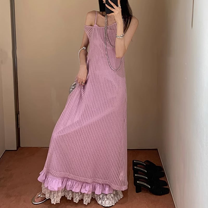 【set】カットワークニットワンピース×レースワンピースセット　M25148