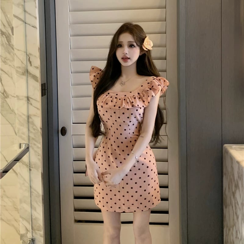 【dress】ギャザーフリルドット柄ミニワンピース Q8510