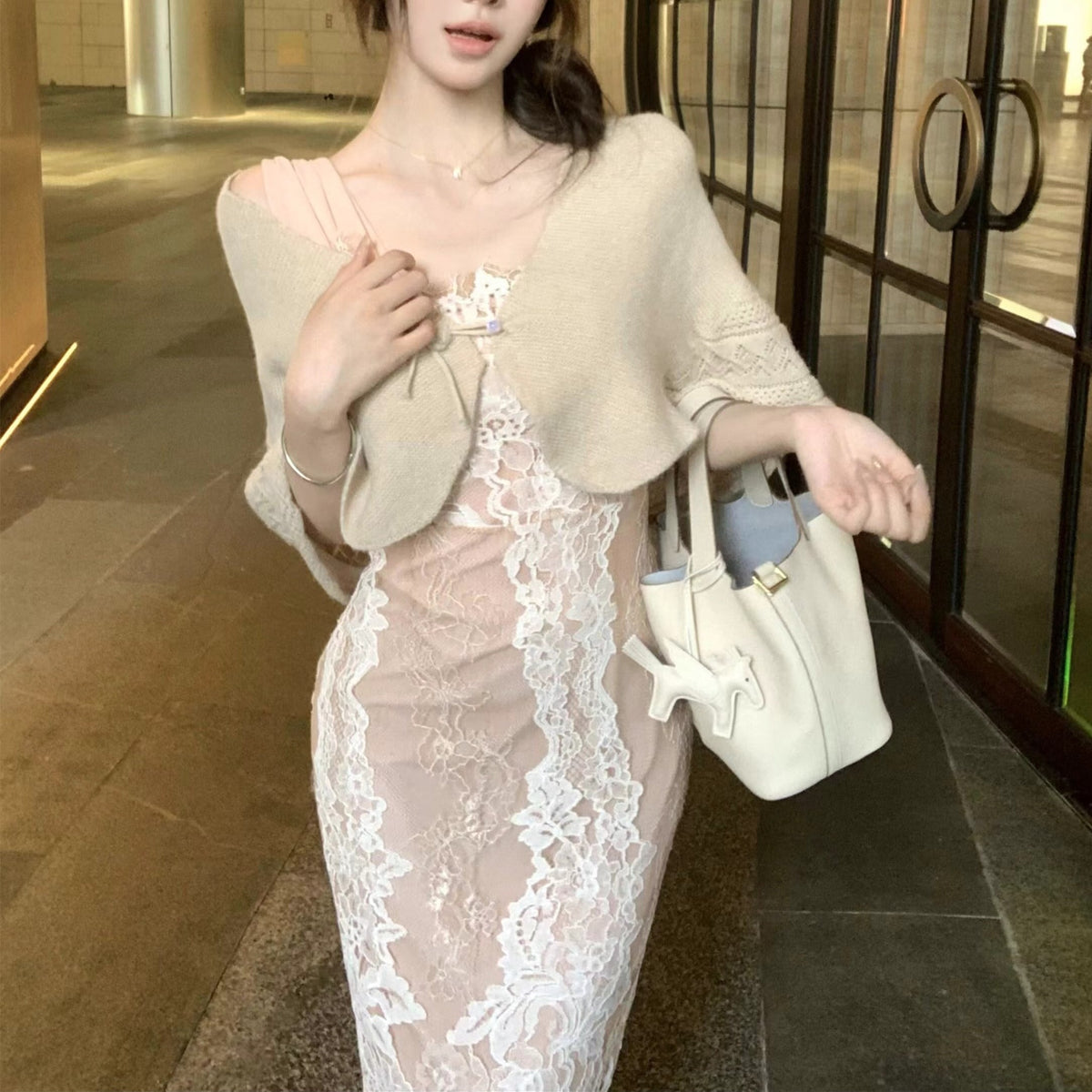 【set】ニットケープ×レースワンピースセット     N2689