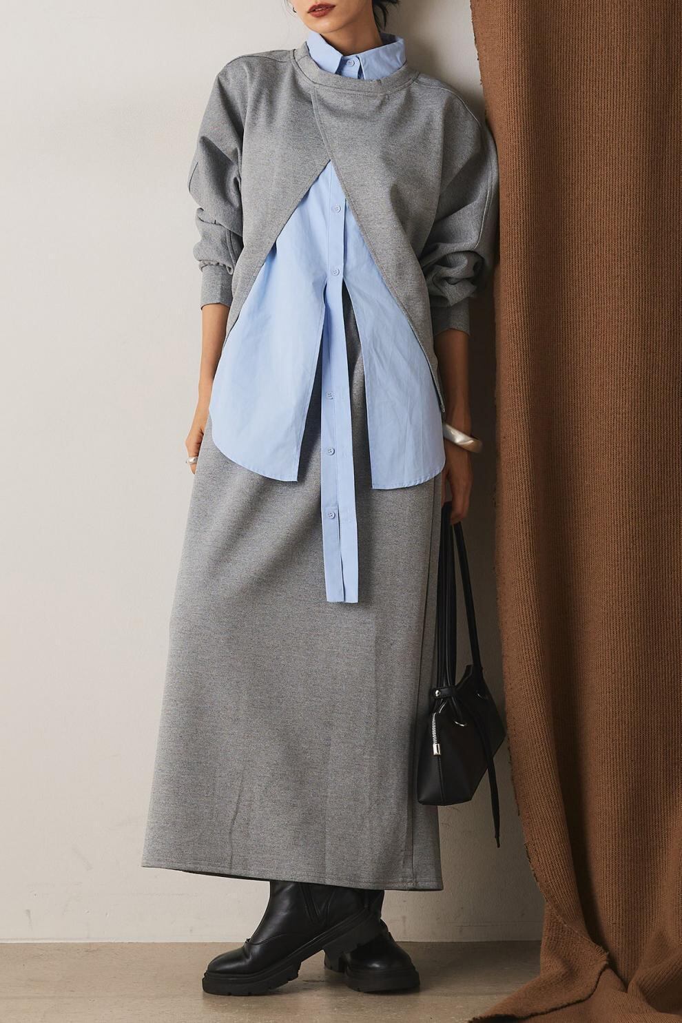 【set】シャツ×スリットトップス×ロングスカート3点セット     N3429