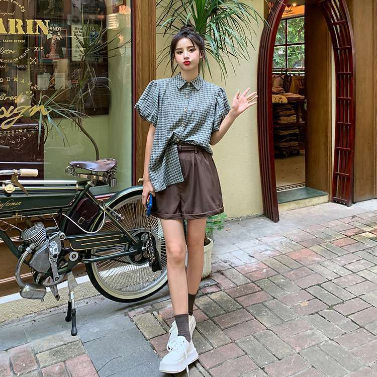 【set】チェック柄ブラウス+ショートパンツ２点セットG21352