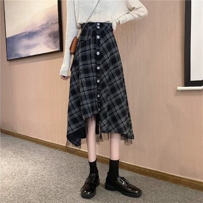 【bottoms】スウィート気質満点デザイン不規則チェック柄ハイウエストスカート