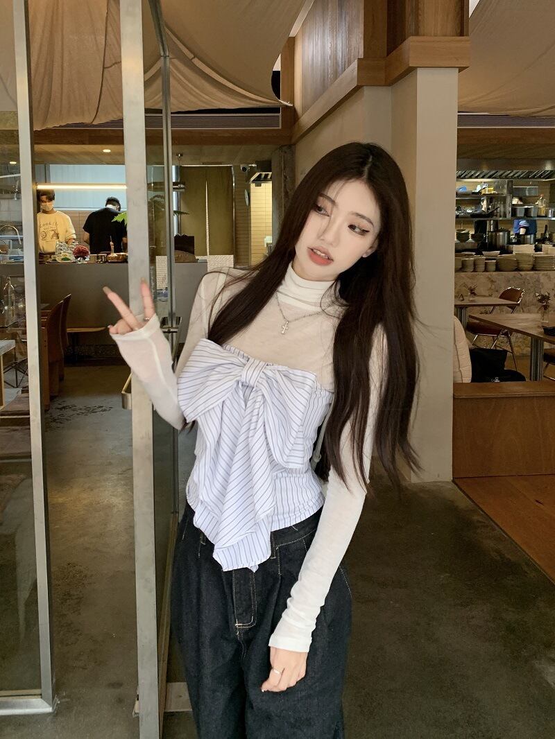 【set】Tシャツ+ストライプ柄リボンベアトップ２点セットG21346