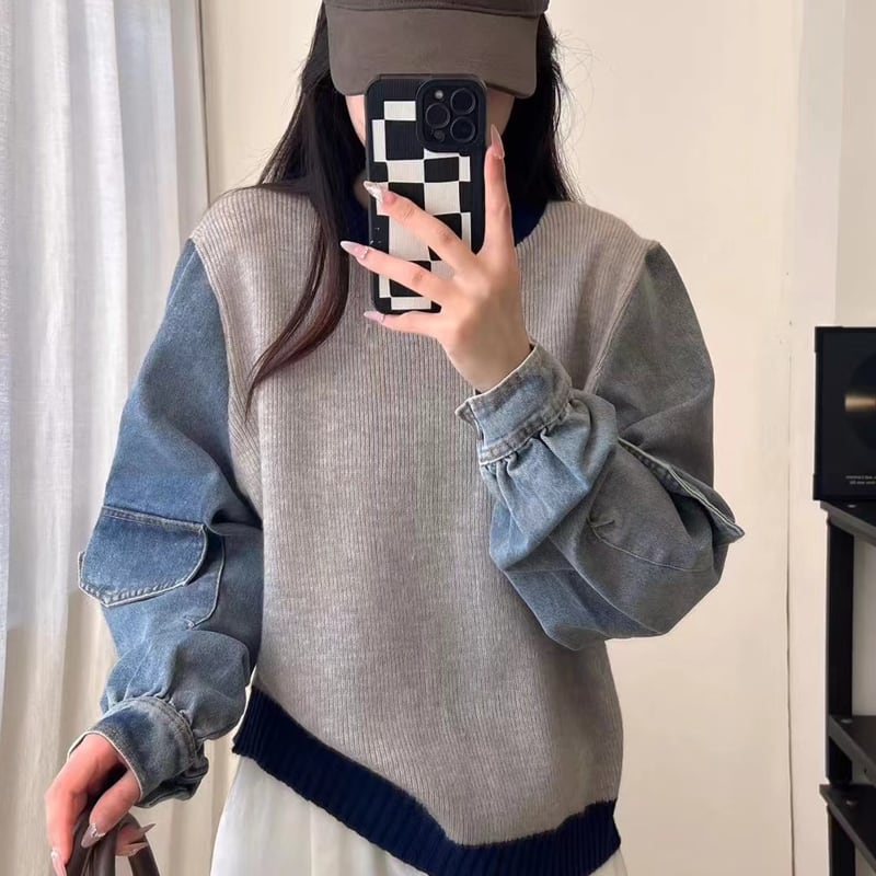 【tops】デニム袖ドッキングセーター Q6372