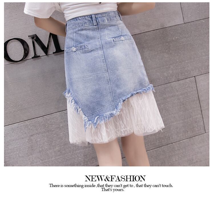 【bottoms】おすすめファッションレースハイウエスト切り替えゆったりデニムスカート