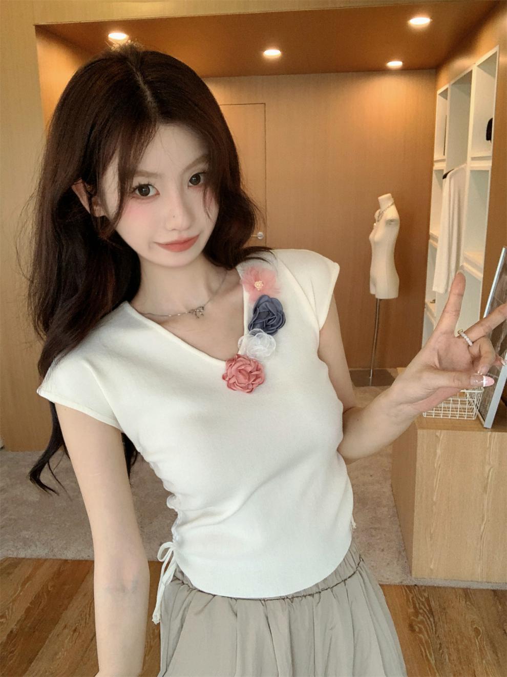 【tops】立体フラワーニットTシャツ　M24271