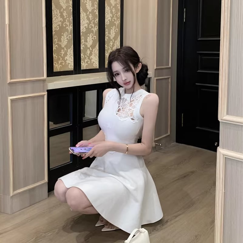 【dress】ノースリーブレースドッキングフレアニットワンピース Q7795