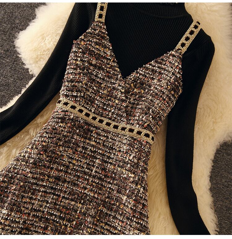 【set】今季マストバイ!気質満点ニットトップス+キャミワンピース秋冬２点セット G3176