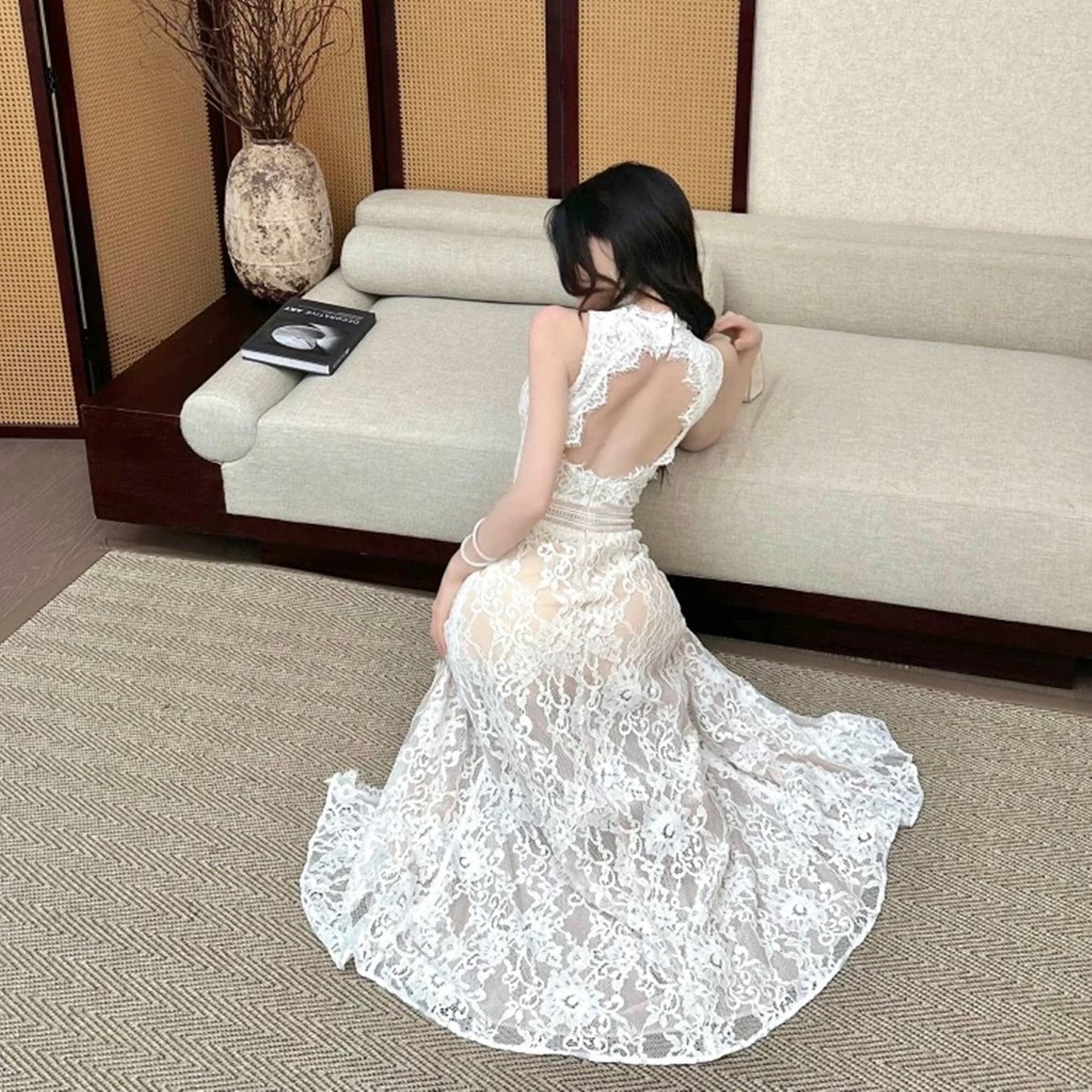 【dress】バックオープンスリットレースワンピース　M32516