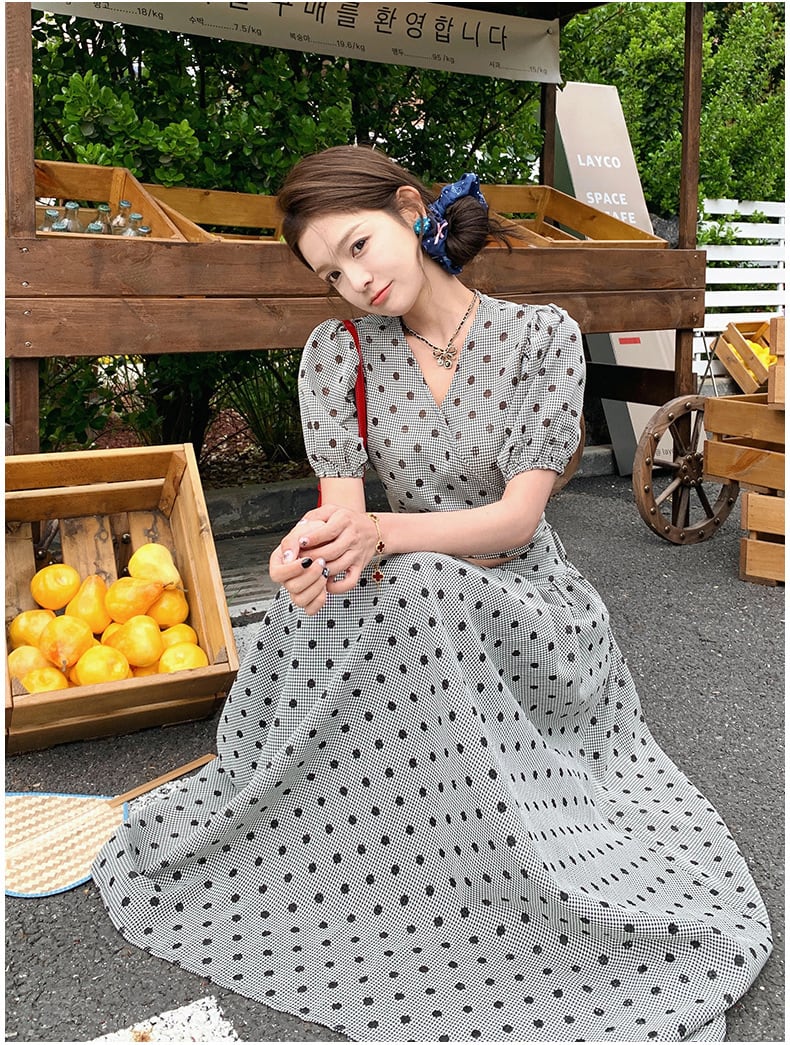 【set】ドット柄トップス×ロング丈スカートセット　M23928