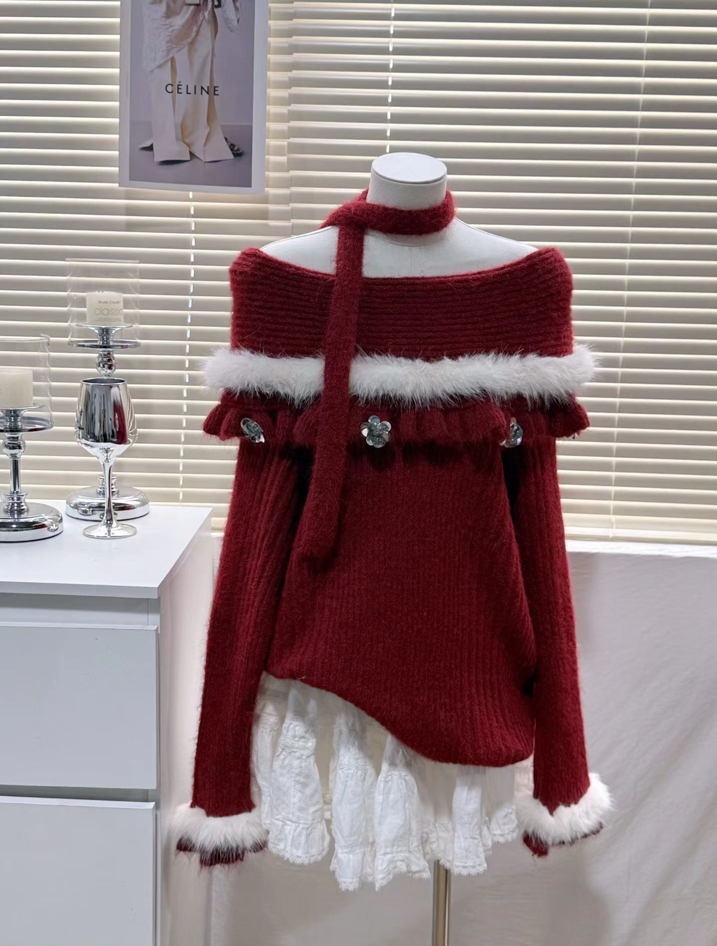 【tops】オフショルダーファードッキングニットトップス Q7599