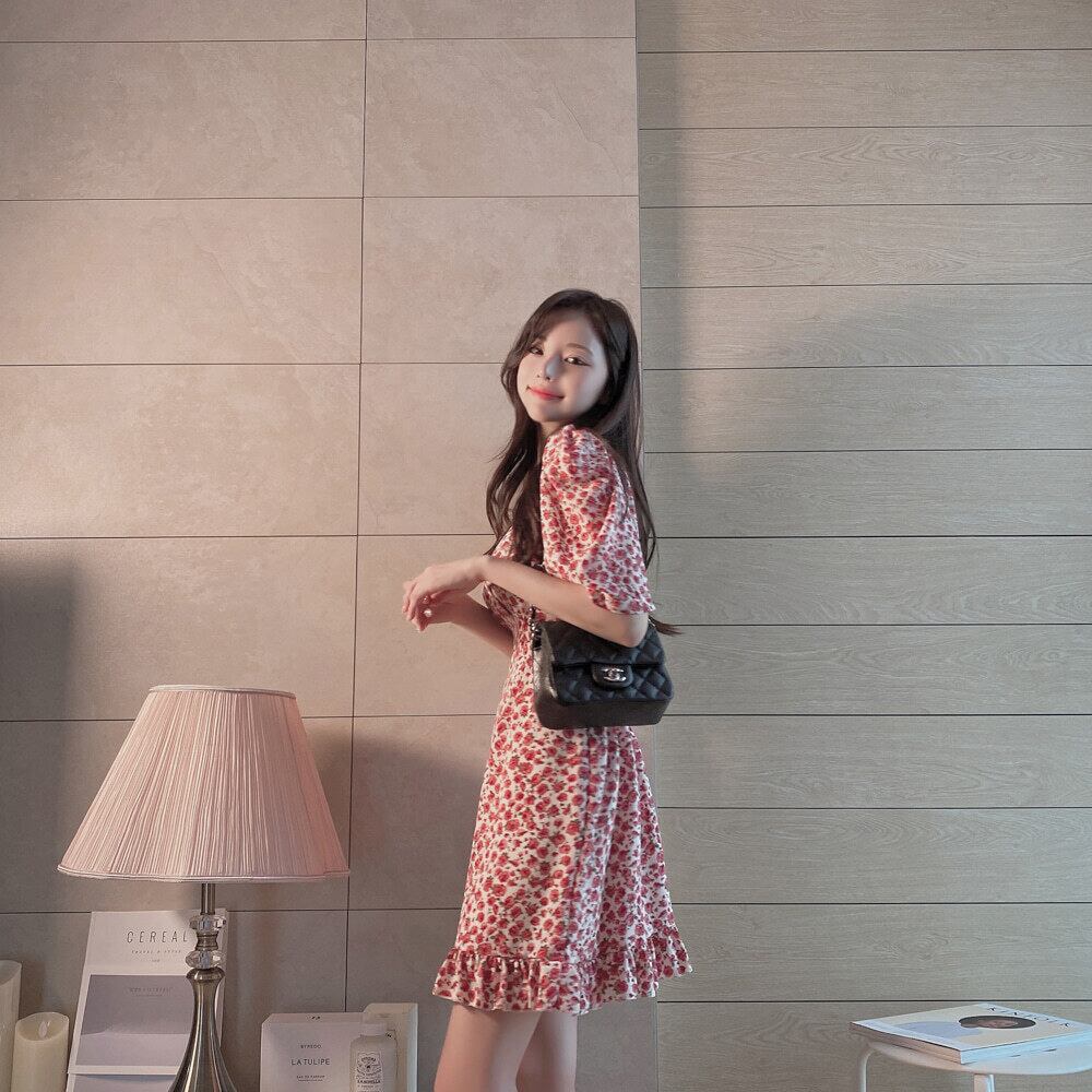 【dress】美人度アップ!気質満点スウィートVネックパフスリーブシフォン花柄ワンピース