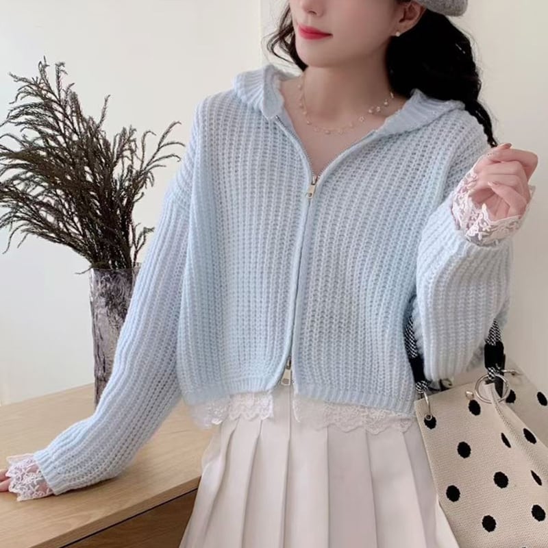 【outer】フード付きレースドッキングニットカーディガン Q7433