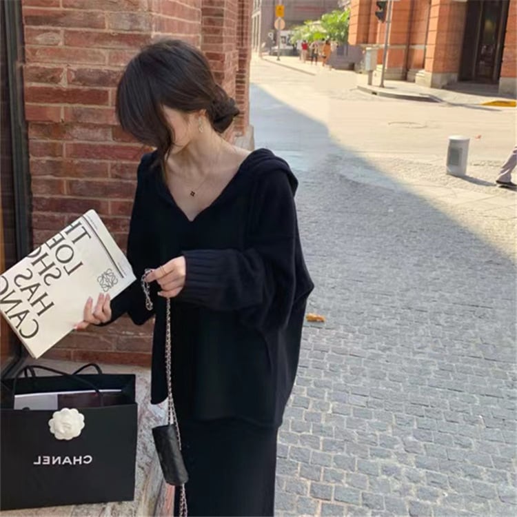 【set】フード付きニットトップス×スカートセット　N-1262