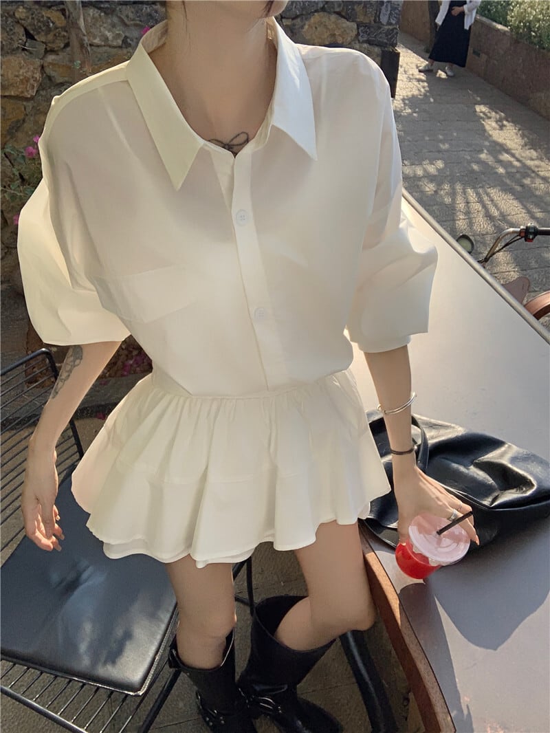 【set】POLOネックブラウス+スカート２点セットG21434