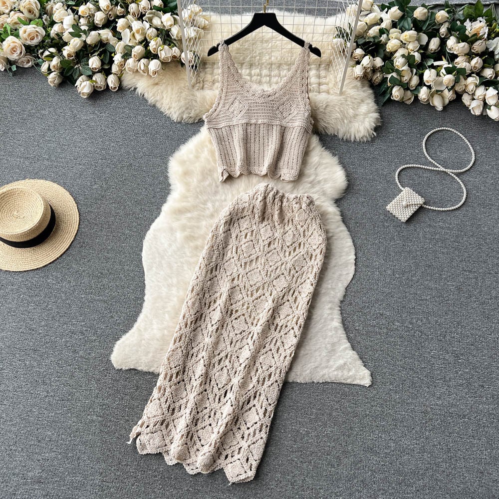 【set】キャミソール+スカート透かし彫り2点セットF7518