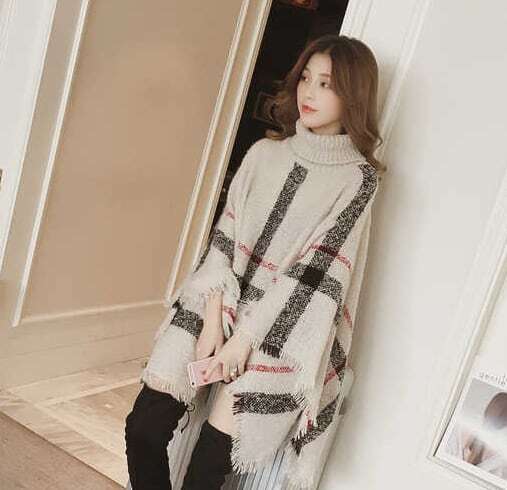 【tops】2色ハイネックドルマンスリーブおしゃれチェック柄着回しニットF3833