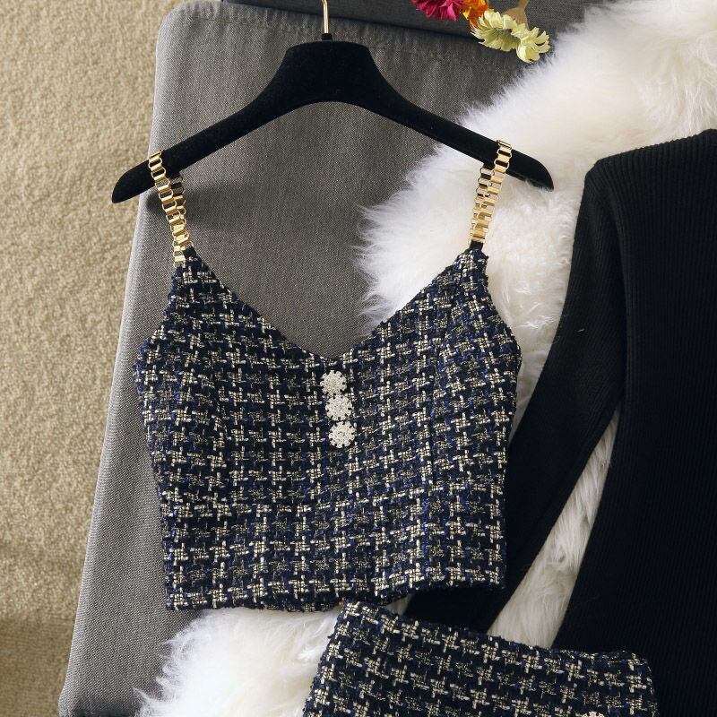 【set】無地セーター+チェック柄ベスト+ボディラインスカート3点セットF0817