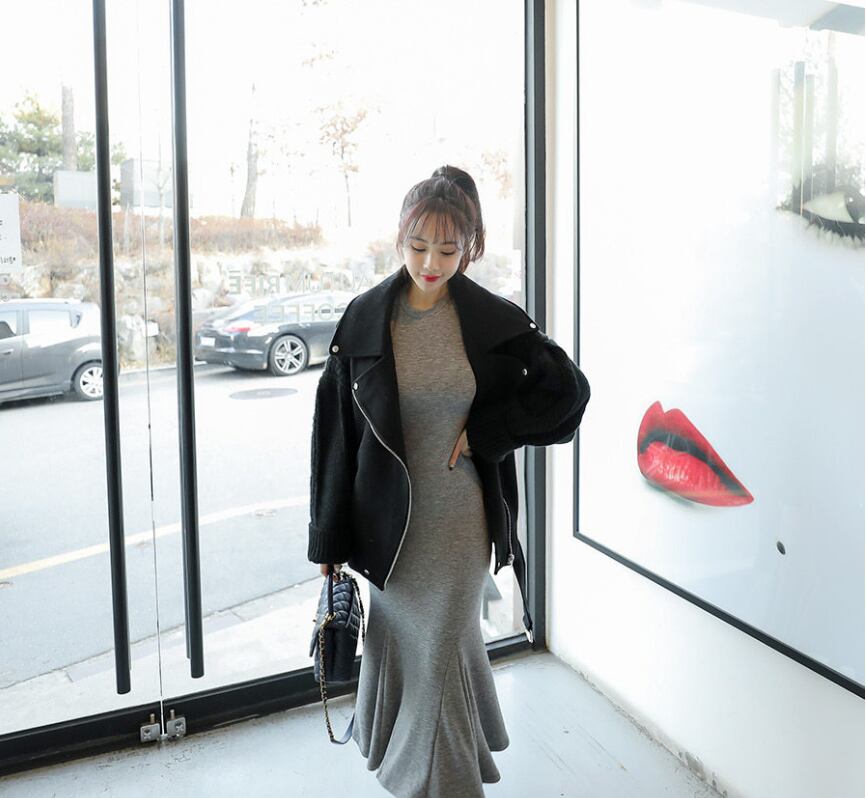 【dress】韓流スタイル気質満点長袖ラウンドネック体型カバーマーメイドワンピース G2416