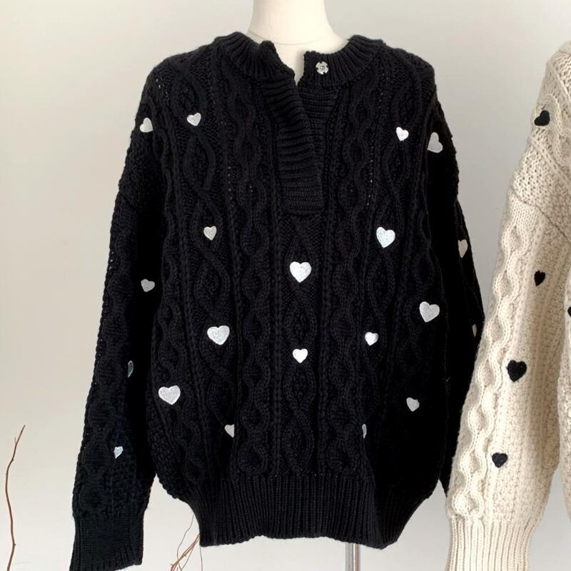 【tops】ハート刺繡柄ニットトップス Q7360