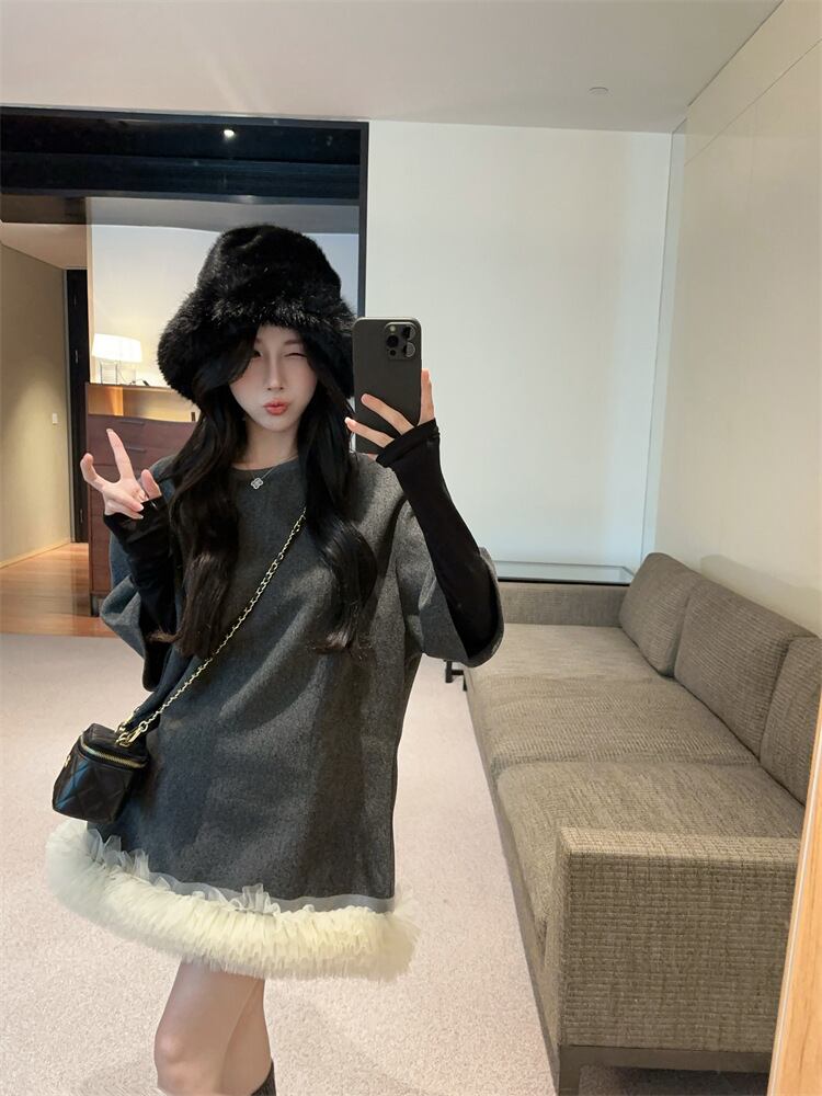 【dress】裹起毛レースドッキングワンピース　M28775