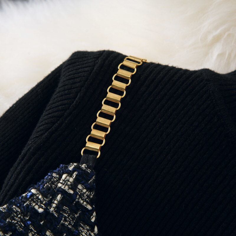 【set】無地セーター+チェック柄ベスト+ボディラインスカート3点セットF0817